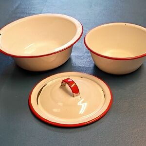 Vintage White Enamelware Bowls with Red Trim